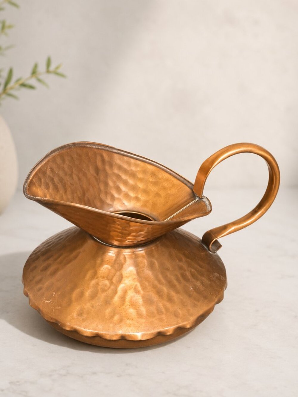 Vintage MCM Gregorian Hand Hammered Solid Copper Squat Pitcher / Vase w/ Handle